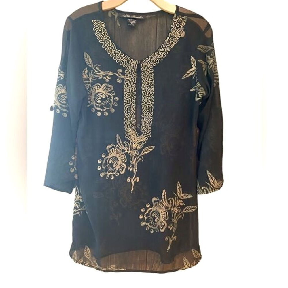 Silk Theads Sz S Black Heavy Gold Beaded Collar Metallic Roses Design Tunic Top